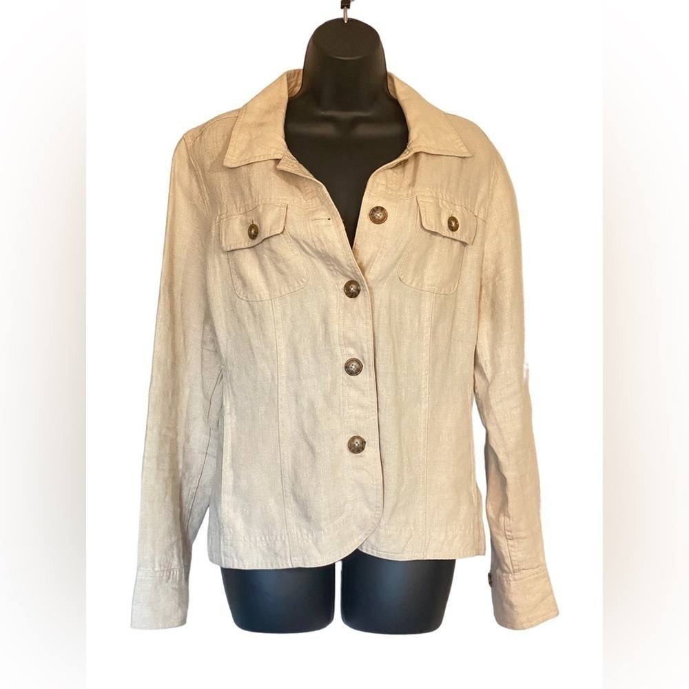 100% Linen Charter Club Tan Cream Utility Style Button Front Jacket LG
